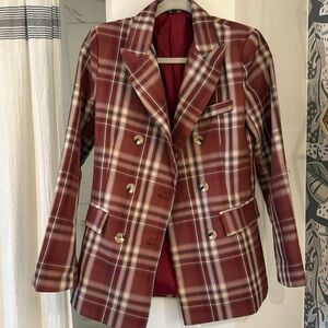Vici Burgundy Plaid Double-Breasted Blazer